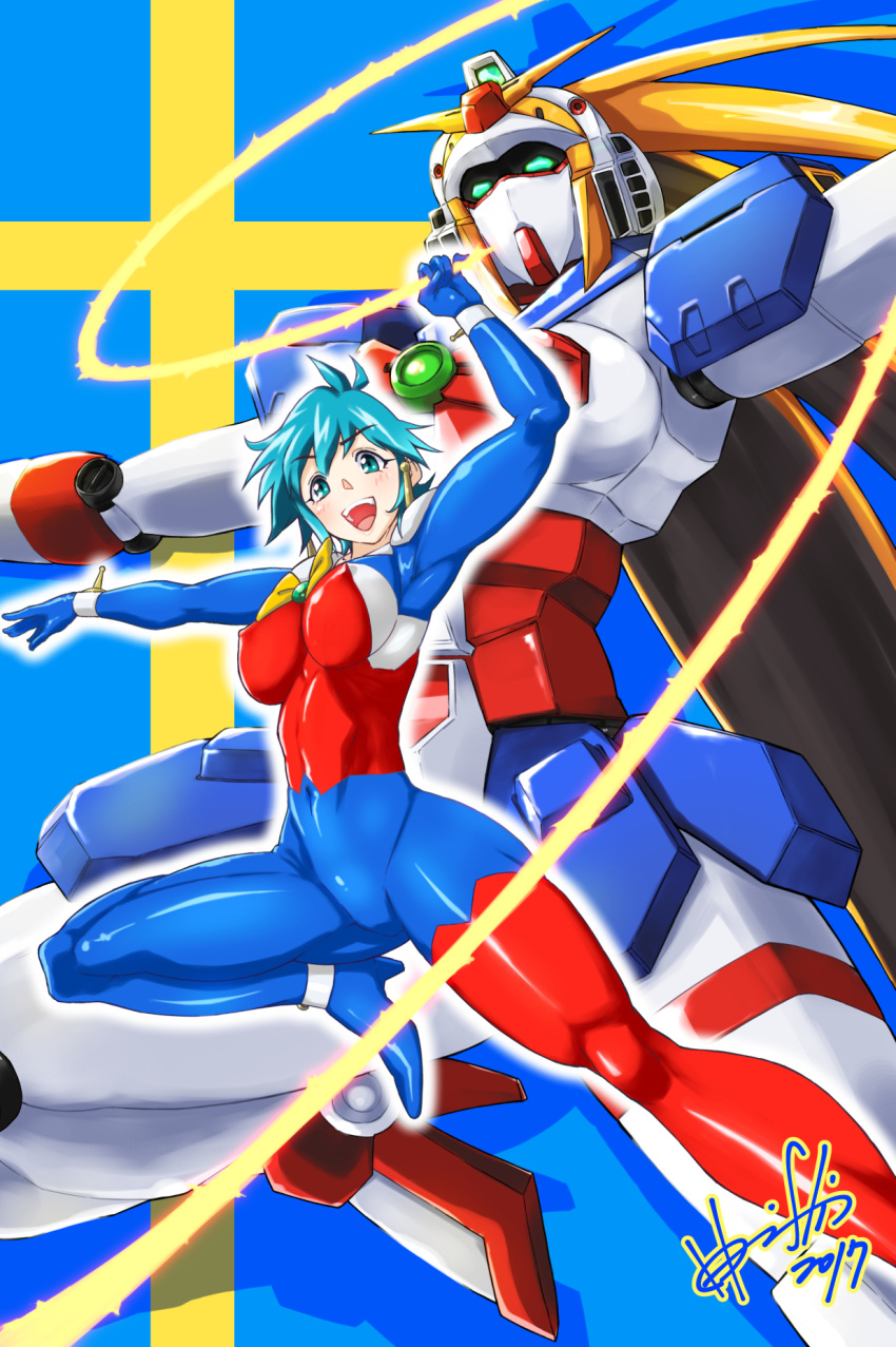 1girl allenby_beardsley arm_up blue_bodysuit blue_eyes blue_hair blush bodysuit bow breasts commentary_request covered_navel energy_whip erect_nipples g_gundam gloves gundam highres hori_shin large_breasts looking_at_viewer mecha mobile_trace_suit multicolored multicolored_bodysuit multicolored_clothes nobel_gundam open_mouth red_bodysuit shiny shiny_clothes shiny_hair shiny_skin short_hair skin_tight smile solo swedish_flag whip