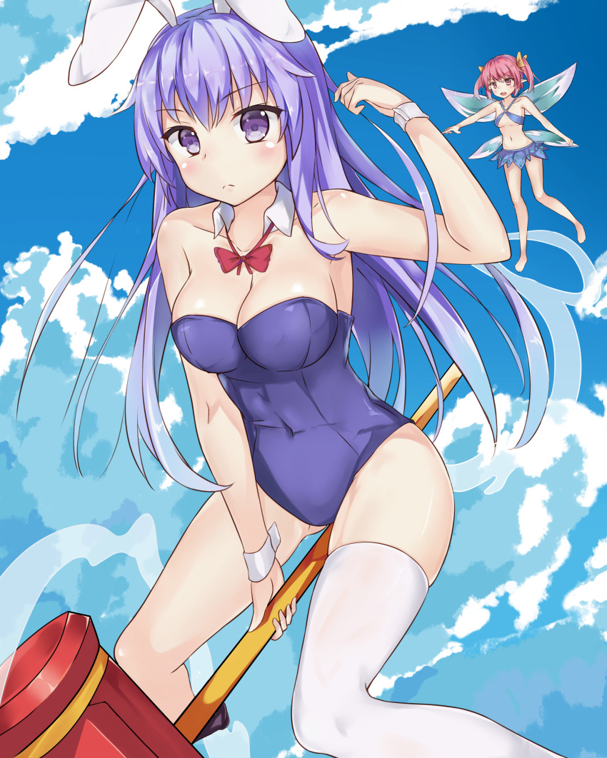 2girls absurdres animal_ears arm_up bare_shoulders between_legs blue_sky breasts bunny_girl bunnysuit clouds cloudy_sky collarbone covered_navel detached_collar erina_(rabi-ribi) fairy fairy_wings hair_ribbon hammer highres holding holding_weapon long_hair looking_at_viewer minigirl multiple_girls pink_hair pointing_finger pointy_ears purple_hair rabbit_ears rabi-ribi ribbon ribbon_(rabi-ribi) single_thighhigh sky thigh-highs twintails violet_eyes weapon white_legwear wings wrist_cuffs yddsb123