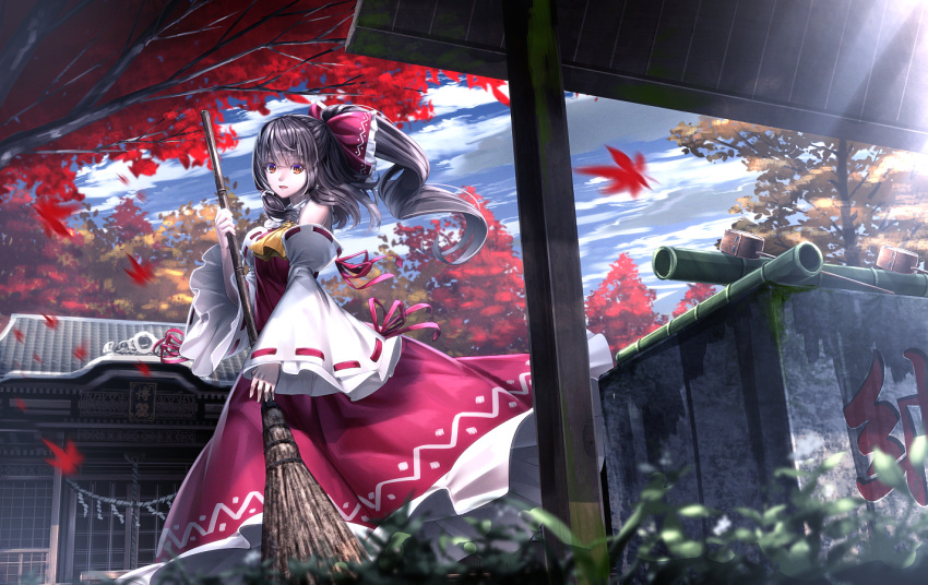 1girl architecture ascot autumn_leaves bamboo_broom black_hair blurry bow broom clouds cloudy_sky day depth_of_field detached_sleeves dress east_asian_architecture falling_leaves from_side grass hair_bow hair_tubes hakurei_reimu hakurei_shrine holding_broom japanese_clothes leaf long_hair looking_at_viewer looking_to_the_side maple_leaf miko outdoors parted_lips ponytail red_bow red_dress red_eyes revision ribbon-trimmed_sleeves ribbon_trim ryosios shrine sky smile solo sunlight touhou wide_sleeves