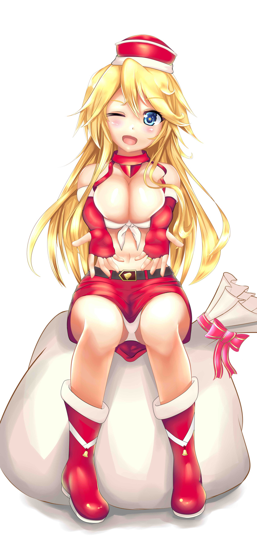 1girl absurdres blonde_hair blue_eyes boots breasts christmas cleavage elbow_gloves finger_to_mouth front-tie_top gloves hat highres iowa_(kantai_collection) kantai_collection long_hair miniskirt one_eye_closed panties pantyshot red_gloves red_skirt sack sitting skirt star star-shaped_pupils symbol-shaped_pupils underwear white_panties zu_sha_bing