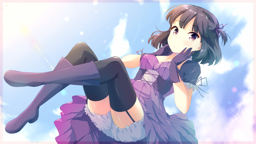 1girl bangs black_hair black_legwear blue_background boots breasts cleavage corset eyebrows_visible_through_hair garter_straps gloves hair_ribbon hands_on_own_cheeks hands_on_own_face highres kotonoha_zaja long_skirt medium_breasts one_side_up original petticoat pleated_skirt purple_boots purple_gloves purple_ribbon purple_skirt ribbon short_hair skirt solo thigh-highs transparent_border violet_eyes