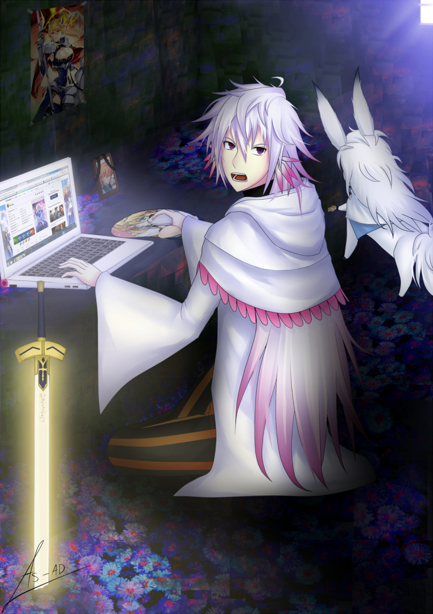 1boy artoria_pendragon_lancer_(fate/grand_order) bedroom commentary computer computer_mouse excalibur fate/grand_order fate_(series) fou_(fate/grand_order) highres hikikomori indoors laptop long_hair looking_back merlin_(fate/stay_night) mousepad neet poster_(object) romani_akiman ruler_(fate/apocrypha) saber shielder_(fate/grand_order) sword tagme very_long_hair weapon wikipedia