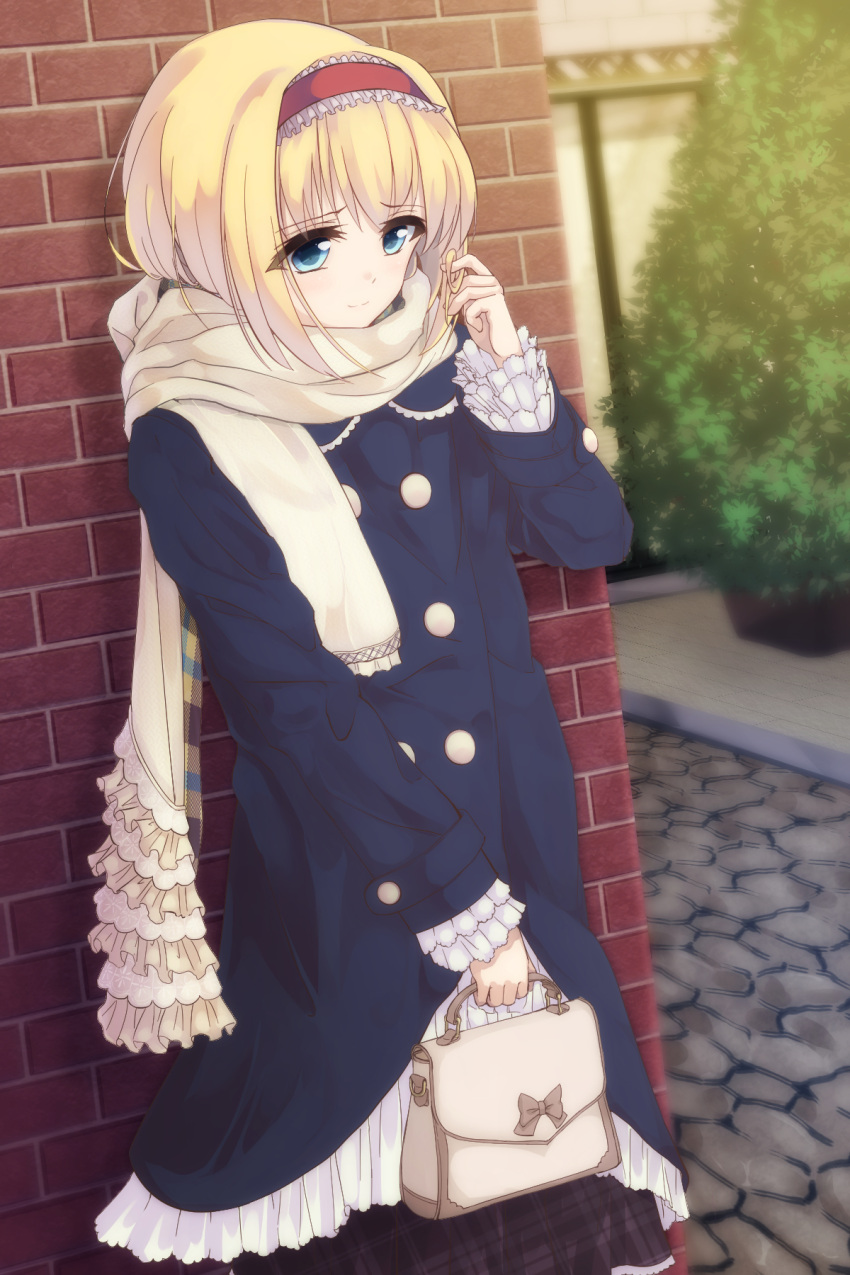 1girl alice_margatroid alternate_costume bag blonde_hair blue_coat blue_eyes brick_wall buttons cobblestone coffee1223 cowboy_shot double-breasted fashion frilled_hairband frilled_skirt frilled_sleeves frills hair_tousle hairband handbag highres lolita_hairband long_sleeves looking_at_viewer plaid plaid_skirt purple_skirt red_hairband scarf skirt smile solo touhou unmoving_pattern white_scarf