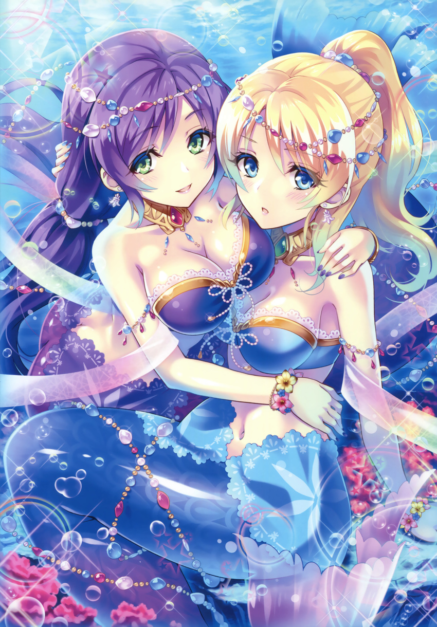2girls absurdres ass ayase_eli blonde_hair blue_bikini_top blue_eyes breasts cleavage earrings eyebrows_visible_through_hair green_eyes hair_ornament hand_on_another's_hip hand_on_another's_shoulder highres jewelry large_breasts long_hair looking_at_viewer love_live! medium_breasts mermaid midriff monster_girl multiple_girls nail_polish navel open_mouth purple_bikini_top purple_hair purple_nails strapless strapless_bikini toujou_nozomi underwater urabi