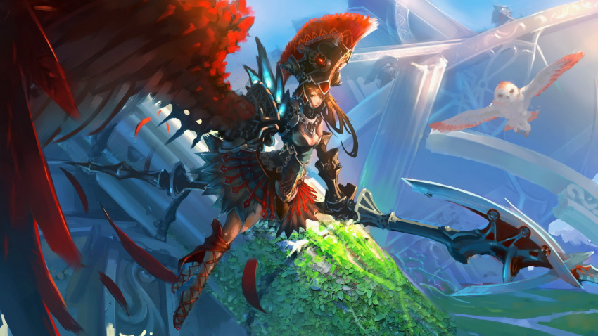 1girl animal armor armored_dress athena_(mythology) bangs bird breasts brown_hair cross-laced_footwear day dress fantasy feathers flying gauntlets gorget greek_mythology headdress helmet holding holding_weapon huge_weapon jukun long_hair looking_at_viewer original overgrown owl pillar plant plume polearm red_ribbon red_wings ribbon ruins sandals single_wing solo swept_bangs vines weapon wings