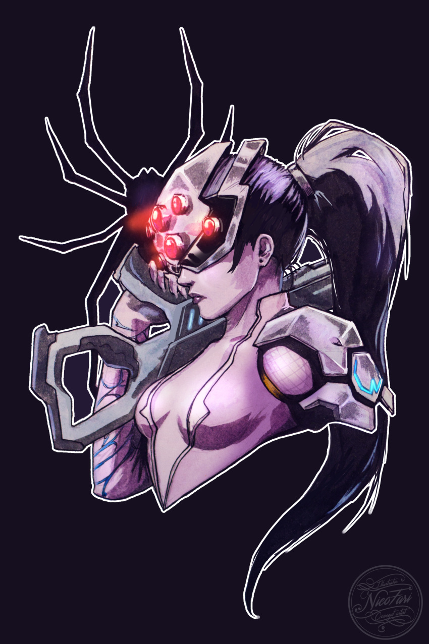 1girl absurdres artist_name bodysuit breasts center_opening collarbone covered_eyes earrings gloves glowing gun head_mounted_display highres jewelry lips long_hair looking_to_the_side millipen_(medium) nico_fari overwatch pink_bodysuit ponytail purple_background purple_hair purple_skin rifle short_sleeves signature silhouette simple_background small_breasts solo spider stud_earrings traditional_media upper_body visor weapon widowmaker_(overwatch)