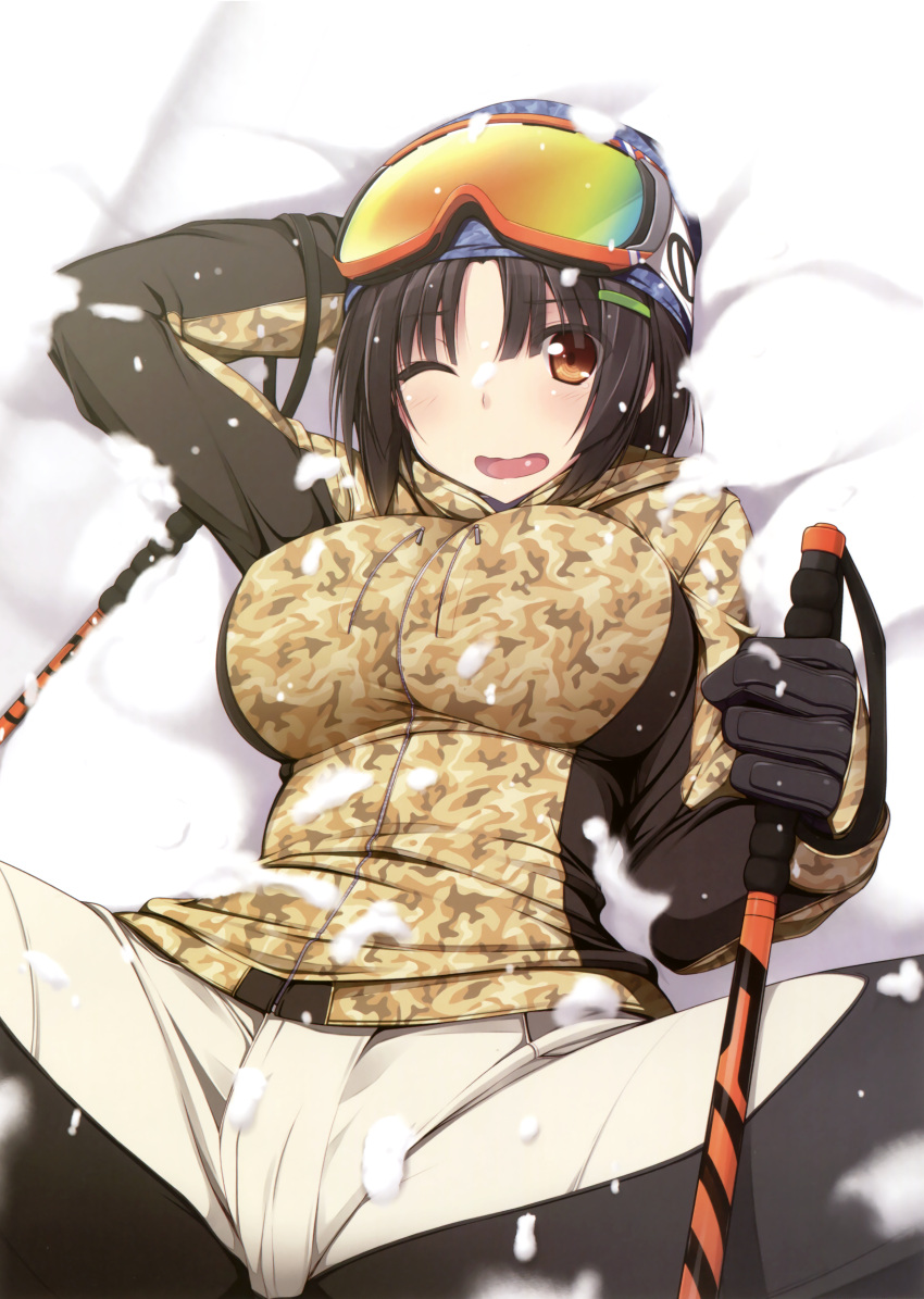 1girl absurdres black_hair blush breasts camouflage camouflage_jacket character_request gloves goggles goggles_on_head highres jacket large_breasts looking_at_viewer naturalton one_eye_closed open_mouth orange_eyes short_hair ski_gear ski_goggles snow spread_legs tagme wavy_mouth