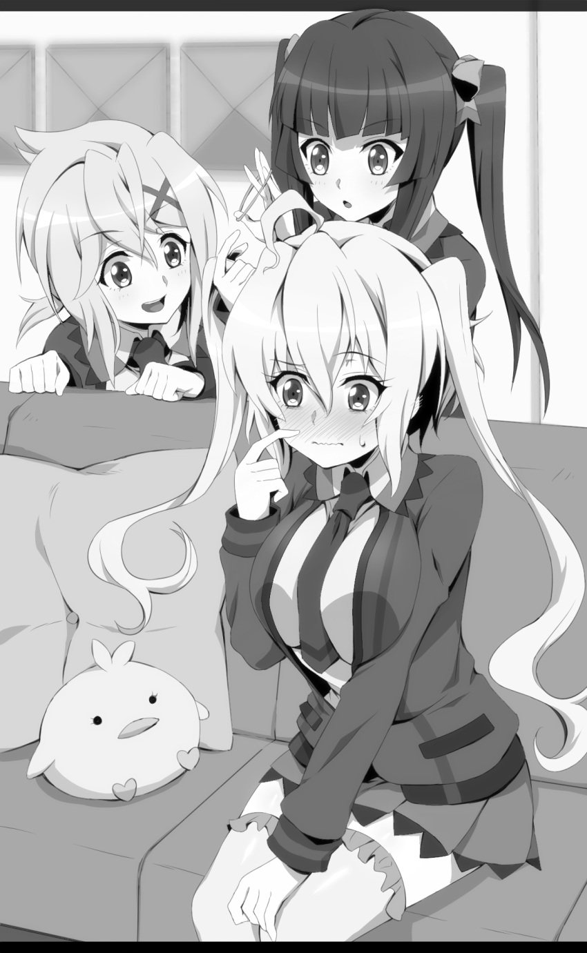 3girls :d :o ahoge akatsuki_kirika alternate_hairstyle bangs blunt_bangs blush breasts couch eyebrows_visible_through_hair eyelashes finger_to_face frilled_legwear greyscale hair_ornament hair_tie hairdressing hal-bard hands_on_own_knees highres large_breasts low_twintails monochrome multiple_girls necktie nose_blush open_mouth pillow school_uniform senki_zesshou_symphogear short_twintails sitting smile stuffed_animal stuffed_bird stuffed_toy sweatdrop thigh-highs tsukuyomi_shirabe twintails tying_hair wavy_mouth x_hair_ornament yukine_chris