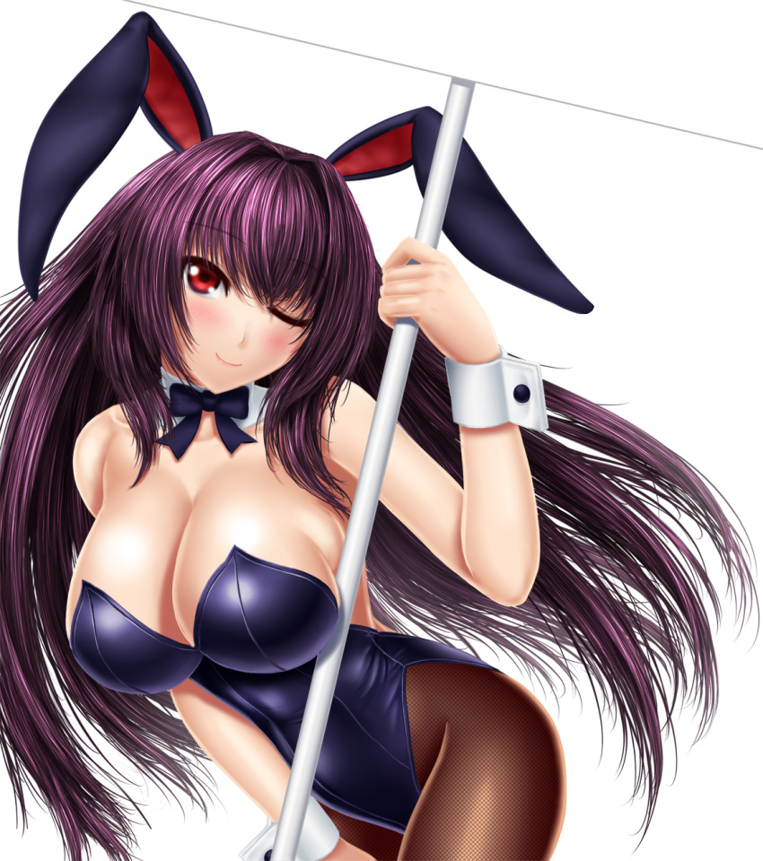 1girl animal_ears blush bow bowtie breasts bunny_girl bunnysuit cleavage detached_collar fate/grand_order fate_(series) fishnet_pantyhose fishnets highres large_breasts leaning_forward long_hair looking_at_viewer masatoki one_eye_closed pantyhose placard purple_hair rabbit_ears red_eyes scathach_(fate/grand_order) sign smile solo tail wrist_cuffs