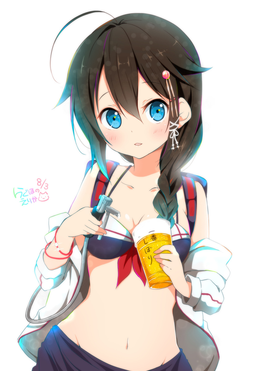 1girl absurdres ahoge alcohol artist_name backlighting backpack bag beer bikini black_bikini blue_eyes blush braid breasts brown_hair clothes_pull collarbone dated hair_flaps hair_ornament hair_over_shoulder hair_ribbon highres holding kantai_collection long_hair looking_at_viewer medium_breasts midriff navel parted_lips ragho_no_erika randoseru remodel_(kantai_collection) ribbon shigure_(kantai_collection) signature single_braid smile solo sweater sweater_pull swimsuit tress_ribbon upper_body
