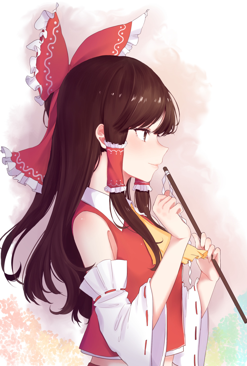 1girl absurdres bow brown_eyes brown_hair closed_mouth cravat detached_sleeves frilled_bow frills from_side gohei hair_bow hair_tubes hakurei_reimu highres holding long_sleeves multicolored_background pink_lips profile red_bow red_ribbon red_vest ribbon ribbon-trimmed_sleeves ribbon_trim saple shiny shiny_hair sidelocks sleeveless smile stick touhou uppercut vest wide_sleeves wing_collar