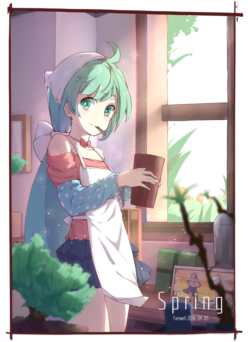 1girl 2016 ahoge alternate_hairstyle apron bangs bare_shoulders blue_skirt blurry bonsai border bow box character_request choker cowboy_shot depth_of_field english flat_chest frame gift gift_box green_eyes green_hair hair_ornament hatsune_miku headdress highres holding indoors layered_skirt light_particles long_hair long_sleeves looking_at_viewer low_ponytail miniskirt mouth_hold off_shoulder photo photo_(object) plant polka_dot potted_plant red_bow shelf skirt smile solo spring_(season) very_long_hair vocaloid wall white_apron window zhayin-san
