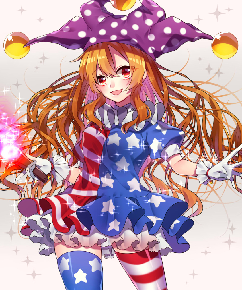 1girl alternate_legwear american_flag_dress american_flag_legwear blonde_hair breasts clownpiece cowboy_shot dress fire gloves gradient gradient_background hat highres jester_cap long_hair looking_at_viewer medium_breasts neck_ruff open_mouth polka_dot puffy_short_sleeves puffy_sleeves red_eyes renka_(sutegoma25) short_dress short_sleeves smile solo sparkle star star_print striped thigh-highs torch touhou white_gloves