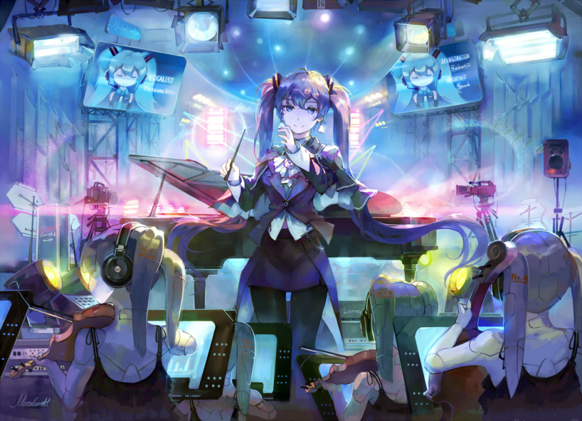 1girl android aqua_eyes aqua_hair artist_name back bangs baton_(instrument) black_legwear blue_eyes cable camcorder cello clone closed_eyes closed_mouth conductor disco_ball english floating_hair formal grand_piano hair_ornament hatsune_miku headphones heartbeat holding instrument keyboard_(instrument) long_hair long_sleeves looking_at_viewer miniskirt monitor multiple_views music number orchestra pantyhose pencil_skirt piano playing_instrument purple_hair purple_skirt robot_joints sitting skirt sleeveless smile spaghetti_strap spark_(sandro) stage stage_lights standing tailcoat twintails very_long_hair violin vocaloid