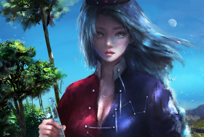 1girl blue_eyes blue_sky breasts cleavage commentary_request day expressionless gibbous_moon lips long_hair looking_at_viewer moon multicolored_shirt outdoors parted_lips silver_hair sky solo test_tube touhou tree upper_body wind yuriya_(riyuclock_19)