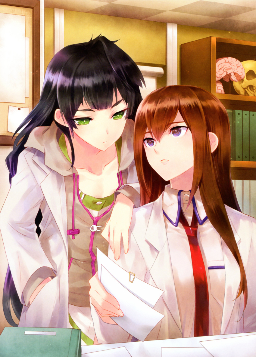 2girls absurdres bangs black_hair blue_eyes bookshelf brain brown_hair collarbone corkboard expressionless eyebrows_visible_through_hair flat_chest folder green_eyes hand_on_another's_shoulder highres hiyajou_maho indoors kasukabe_akira labcoat lips long_hair looking_at_another looking_down makise_kurisu multiple_girls necktie open_mouth paper room scan scan_artifacts skull steins;gate steins;gate_zero