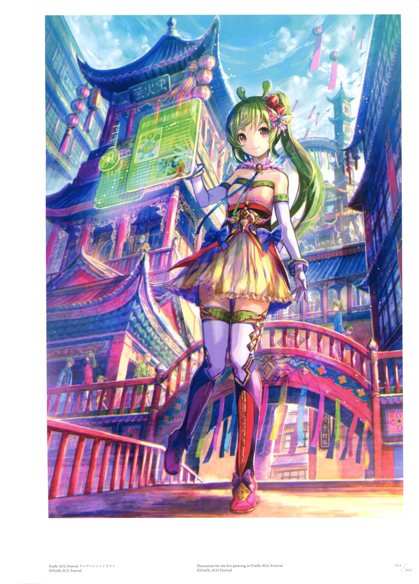 1girl absurdres bracelet breasts brown_eyes butterfly_hair_ornament collarbone elbow_gloves fuji_choko gloves green_hair hair_ornament highres huge_filesize jewelry long_hair looking_at_viewer one_leg_raised outdoors side_ponytail small_breasts smile solo strapless thigh-highs white_gloves