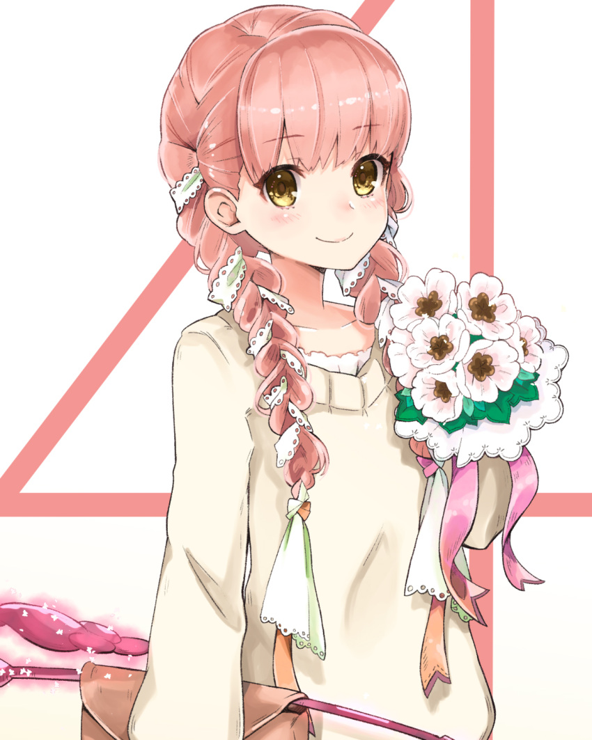 1girl alternate_hairstyle arm_at_side bangs black_legwear blunt_bangs blush bouquet braid carrying casual closed_mouth dress eyebrows eyebrows_visible_through_hair fate/grand_order fate_(series) flat_chest flower hair_over_shoulder hair_ribbon highres hilo_(joy_hero) holding holding_bouquet lace_trim legs_crossed light_particles long_hair long_sleeves looking_at_viewer medb_(fate/grand_order) microdress pink_hair pink_shoes ribbon ribbon_braid riding_crop shoes smile solo sweater sweater_dress twin_braids twintails upper_body white_background white_flower yellow_eyes
