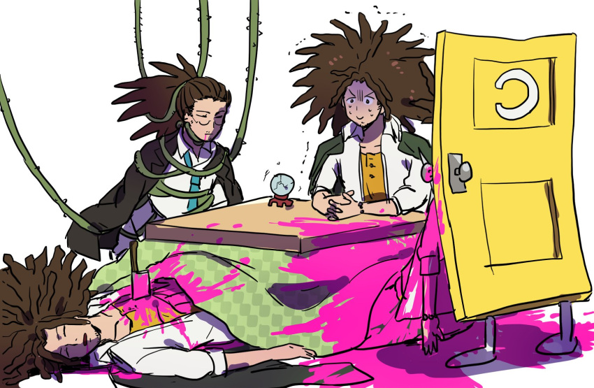 4boys blood brown_hair checkered color_drain corpse cracked_glass crystal_ball dangan_ronpa dangan_ronpa_1 dangan_ronpa_3 door formal hagakure_yasuhiro hairlocs haramaki highres imoni_(1110) interlocked_fingers kotatsu lying male_focus multiple_boys multiple_persona on_back open_mouth pink_blood simple_background suit sweat table thorns trembling white_background