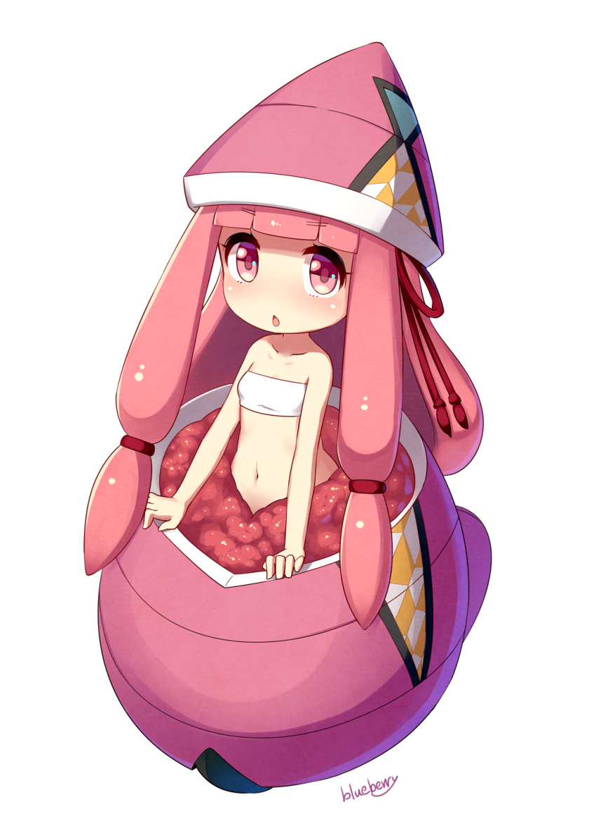 1girl artist_name bangs bare_arms bare_shoulders blueberry_(5959) blunt_bangs breasts chestnut_mouth collarbone eyebrows_visible_through_hair full_body hair_ribbon highres humanization long_hair looking_at_viewer low-tied_long_hair navel pink_eyes pink_hair pokemon pokemon_(game) pokemon_sm red_ribbon ribbon simple_background small_breasts solo stomach tapu_lele tareme twintails very_long_hair white_background