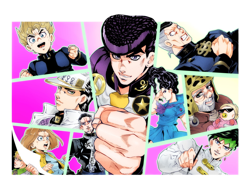 absurdres anchor_symbol black_hair blonde_hair blue_eyes brown_hair clenched_hand clenched_hands dollar_sign earrings facial_hair foreshortening formal fungami_yuuya gakuran glasses green_hair grey_hair hat headband higashikata_jousuke highres hirose_kouichi imaru_(yashiro19950425) jewelry jojo_no_kimyou_na_bouken joseph_joestar kawajiri_hayato kira_yoshikage kishibe_rohan kuujou_joutarou light_brown_hair long_hair multicolored_hair necktie nijimura_okuyasu open_mouth peace_symbol pen pompadour purple_hair school_uniform serafuku shizuka_joestar star stud_earrings suit turtleneck two-tone_hair vest violet_eyes wavy_hair yamagishi_yukako yen_sign