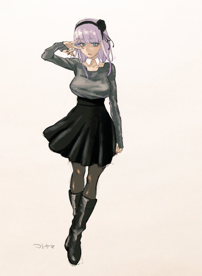 1girl arm_at_side artist_name bangs black_boots black_rose black_skirt blue_eyes blunt_bangs boots breasts commentary_request dagashi_kashi flower grey_shirt hair_flower hair_ornament hairband hand_to_head highres kotoyama large_breasts lavender_hair long_nails long_sleeves looking_at_viewer open_mouth pantyhose ringed_eyes rose shidare_hotaru shirt short_hair short_hair_with_long_locks skirt sleeves_past_wrists solo white_background