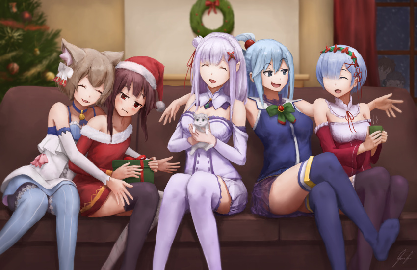 4boys 4girls :i absurdres aqua_(konosuba) blue_eyes blue_hair brown_hair christmas_tree couch emilia_(re:zero) felix_argyle gift hair_ornament hair_ribbon highres hot_chocolate hug isaac_liew kono_subarashii_sekai_ni_shukufuku_wo! leggings megumin multiple_boys multiple_girls natsuki_subaru pantyhose puck_(re:zero) re:zero_kara_hajimeru_isekai_seikatsu red_eyes rem_(re:zero) ribbon satou_kazuma smile snow thigh-highs trap white_hair wreath zettai_ryouiki