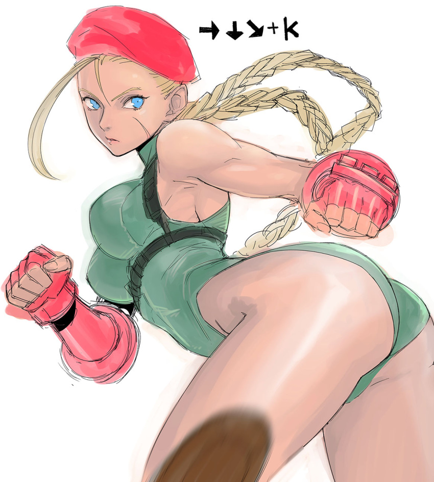 1girl ass bare_shoulders beret blonde_hair blue_eyes braid breasts cammy_white fingerless_gloves gloves hat highres long_hair simple_background solo street_fighter tetsu_(kimuchi) thighs twin_braids white_background