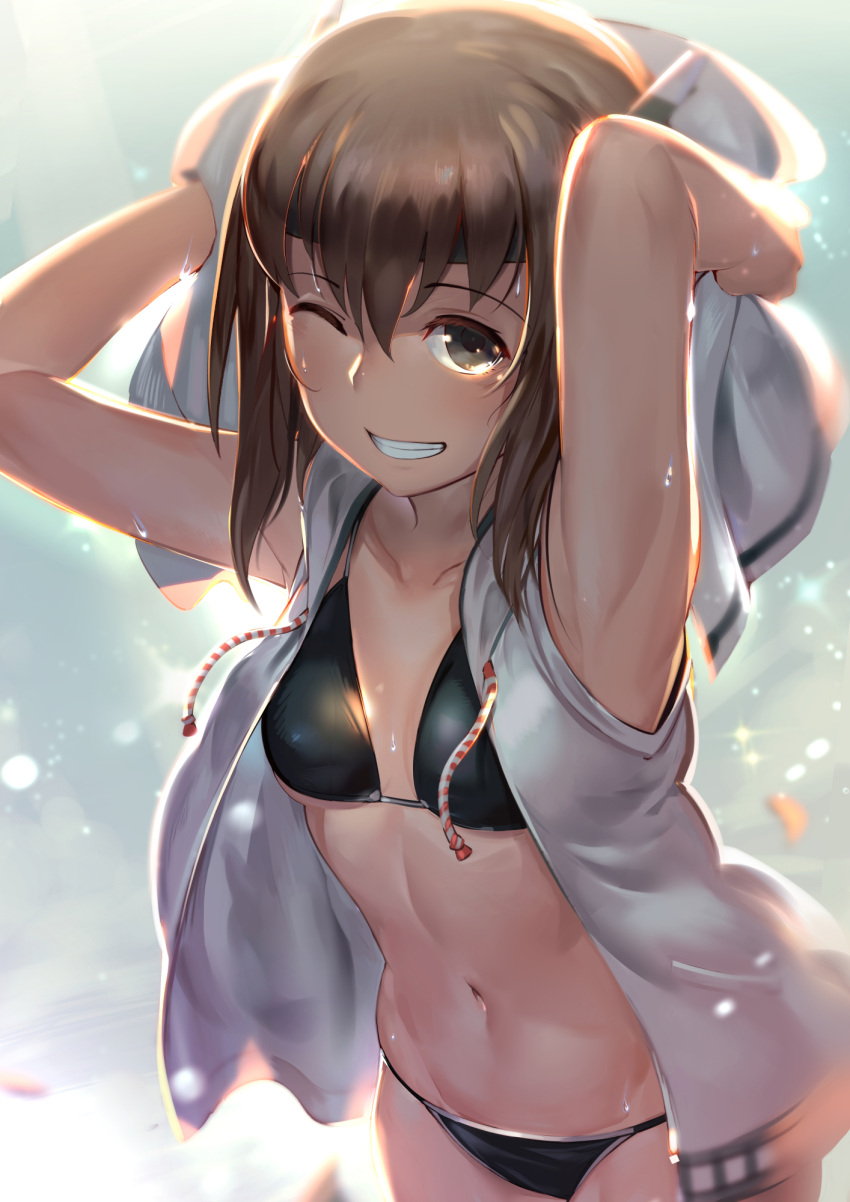 1girl armpits arms_up backlighting bangs bikini bikini_under_clothes black_bikini black_eyes blurry breasts brown_hair cowboy_shot depth_of_field donarudo drawstring drying_hair eyebrows_visible_through_hair grin groin hair_between_eyes headband highres hood hood_down hooded_vest kantai_collection light_particles looking_at_viewer navel one_eye_closed open_clothes petals pocket sleeveless small_breasts smile solo stomach string_bikini swimsuit taihou_(kantai_collection) teeth towel towel_on_head under_boob vest wet white_vest