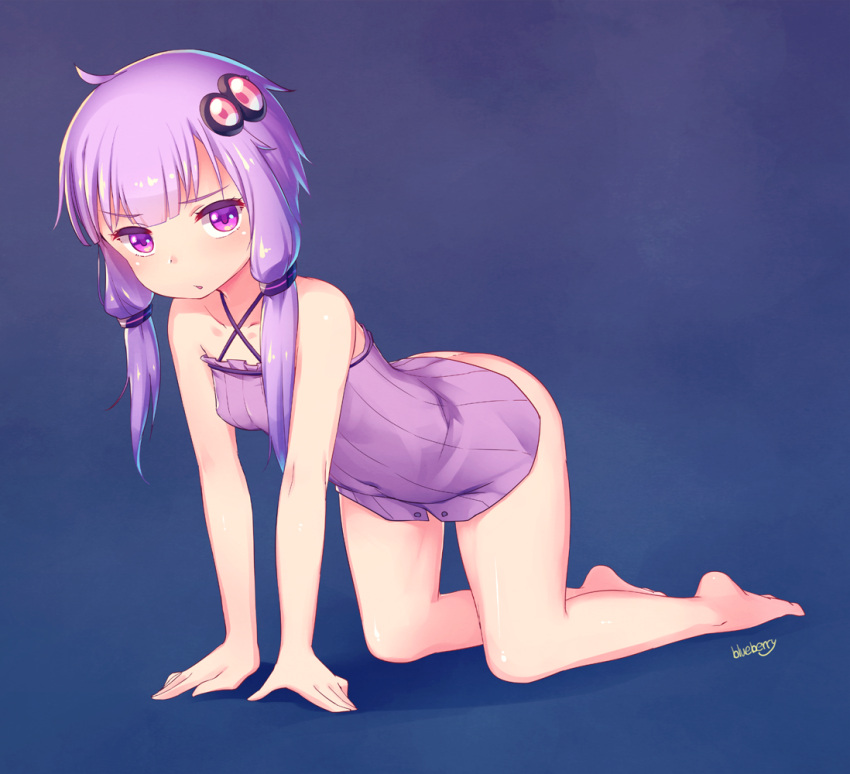1girl :o ahoge all_fours artist_name ass bare_arms bare_legs bare_shoulders barefoot blue_background blueberry_(5959) blush bottomless breasts closed_mouth collarbone covered_navel criss-cross_halter dress frills full_body hair_ornament halter_top halterneck looking_at_viewer microdress no_panties purple_dress purple_hair short_hair_with_long_locks simple_background sleeveless sleeveless_dress small_breasts solo strapless strapless_dress tube_dress violet_eyes vocaloid voiceroid yuzuki_yukari