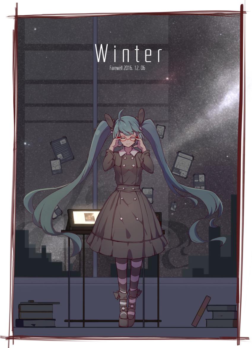1girl 2016 aqua_hair bangs black_dress black_ribbon black_shoes book_stack border breasts building city closed_eyes closed_mouth dated desk double-breasted dress english eyelashes full_body glass glasses hair_ribbon hand_on_glasses hatsune_miku highres indoors light_particles long_hair long_sleeves medium_breasts monitor night night_sky note red-framed_eyewear ribbon shadow shoes silhouette sky skyscraper smile solo standing star_(sky) striped striped_legwear twintails very_long_hair vocaloid window zhayin-san
