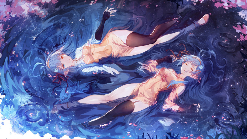 2girls artist_name asymmetrical_clothes breasts cherry_blossoms closed_eyes elf fingerless_gloves from_above garter_straps gloves hairband heterochromia high_heels highres in_water long_hair multiple_girls partially_submerged pointy_ears single_thighhigh sleeping smile solo thigh-highs tree usanekorin