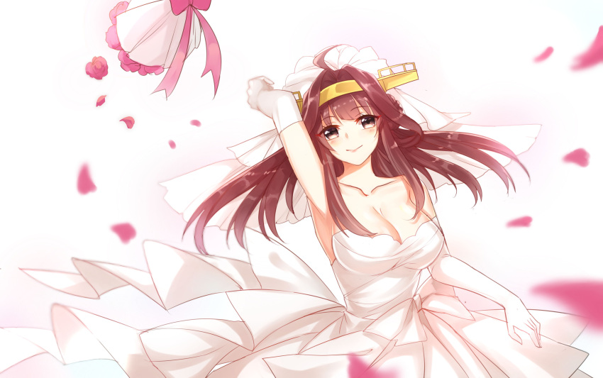 1girl absurdres ahoge bare_shoulders blush bouquet bouquet_toss breasts brown_eyes brown_hair cleavage double_bun dress elbow_gloves flower fm gloves hairband highres kantai_collection kongou_(kantai_collection) large_breasts long_hair looking_at_viewer petals rose rose_petals smile solo strapless strapless_dress wedding_dress white_dress white_gloves