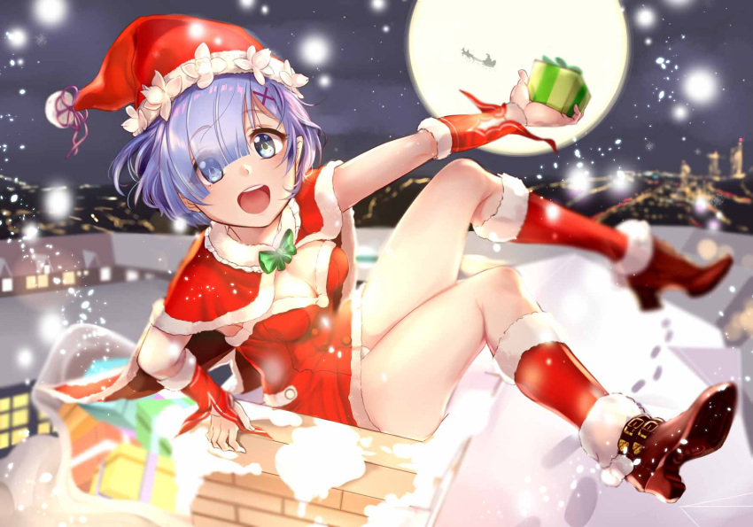 1girl arm_warmers armpit_peek artist_request blue_eyes blue_hair boots breasts capelet chimney christmas christmas_costume city city_lights cityscape cleavage dress eyebrows_visible_through_hair eyes_visible_through_hair full_body full_moon gift green_ribbon hair_ornament happy hat highres holding holding_gift house ice legs legs_apart light_particles lights looking_at_viewer matching_hair/eyes moon neck_ribbon night night_sky panties re:zero_kara_hajimeru_isekai_seikatsu reindeer rem_(re:zero) ribbon rooftop santa_boots santa_claus santa_hat short_dress short_hair sky snow snowing solo thighs underwear white_panties x_hair_ornament