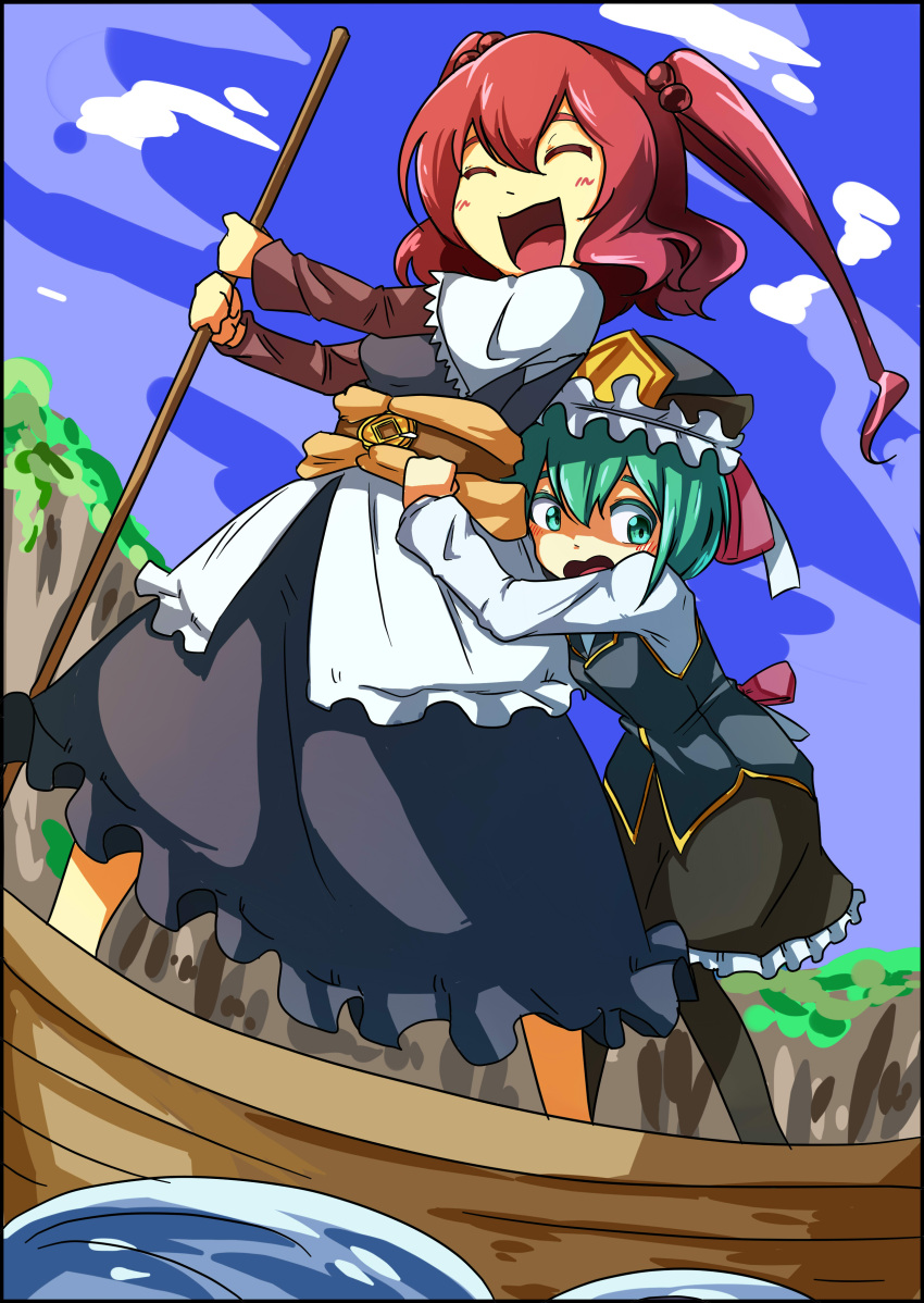 2girls :d absurdres belt bending_forward black_border black_legwear blue_sky blue_vest boat border capelet closed_eyes clouds coin day dress frilled_skirt frills green_eyes green_hair hair_bobbles hair_ornament hat highres hug hug_from_behind ikiume layered_dress looking_down multiple_girls onozuka_komachi open_mouth outdoors pantyhose redhead scared shiki_eiki short_hair skirt sky smile standing touhou twintails vest water watercraft