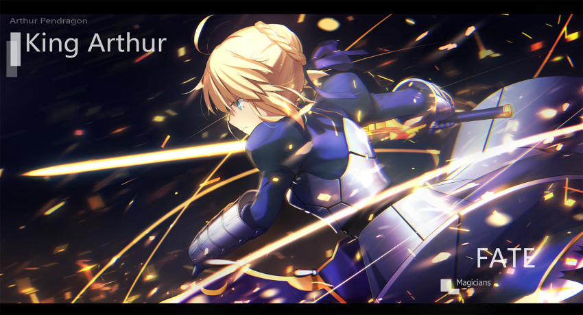 1girl ahoge armor artist_name bangs blonde_hair blue_dress braid breastplate character_name copyright_name dress excalibur fate/stay_night fate_(series) french_braid from_side gauntlets glowing glowing_sword glowing_weapon green_eyes hair_bun highres holding holding_sword holding_weapon juliet_sleeves letterboxed long_sleeves magicians_(zhkahogigzkh) puffy_sleeves saber short_hair_with_long_locks sidelocks solo sparks sword weapon