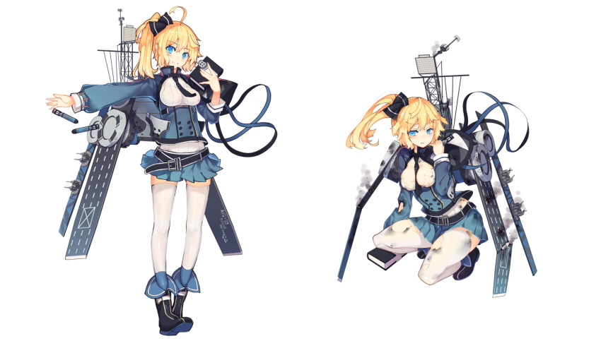 1girl ahoge beltskirt black_ribbon blonde_hair blue_eyes blue_skirt bogue_(zhan_jian_shao_nyu) book boots breasts female hair_ribbon hand_up holding holding_book long_sleeves looking_at_viewer looking_away military military_uniform multiple_views official_art outstretched_arm parted_lips pleated_skirt rain_lan ribbon rigging runway side_ponytail simple_background skirt smile squatting standing thigh-highs torn_clothes torn_thighhighs uniform white_background white_legwear zettai_ryouiki zhan_jian_shao_nyu