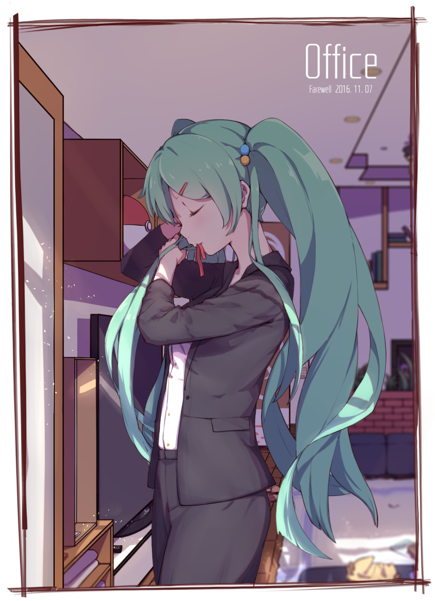 1girl 2016 aqua_hair bangs black_jacket black_pants blurry blush book bookshelf border business_suit buttons ceiling ceiling_light controller cowboy_shot dated depth_of_field dress_shirt english eyelashes formal from_side hair_bobbles hair_ornament hairclip hatsune_miku highres holding holding_hair indoors jacket long_hair long_sleeves mouth_hold office_lady open_clothes open_jacket pants pencil_skirt plant planter pocket profile red_ribbon remote_control ribbon ribbon_in_mouth rug running_bond shirt skirt solo sphere standing suit television twintails tying_hair very_long_hair vocaloid white_shirt wooden_floor zhayin-san