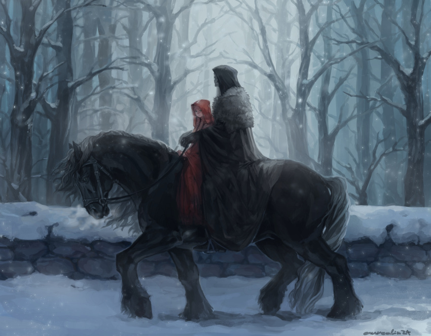 1boy 1girl aureolin31 bare_tree black_cloak blonde_hair blue_eyes braid commentary_request expressionless forest fur-trimmed_coat highres horse horseback_riding looking_at_viewer nature original profile red_cloak red_hood riding road signature snow snowing stone_wall tree twin_braids wall winter