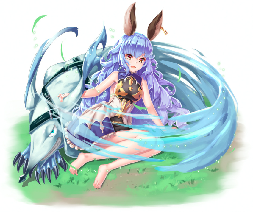 1girl animal_ears arm_support barefoot blue_hair breasts brown_eyes ferry_(granblue_fantasy) full_body granblue_fantasy long_hair looking_at_viewer open_mouth outdoors pensuke sideboob sitting solo white_background