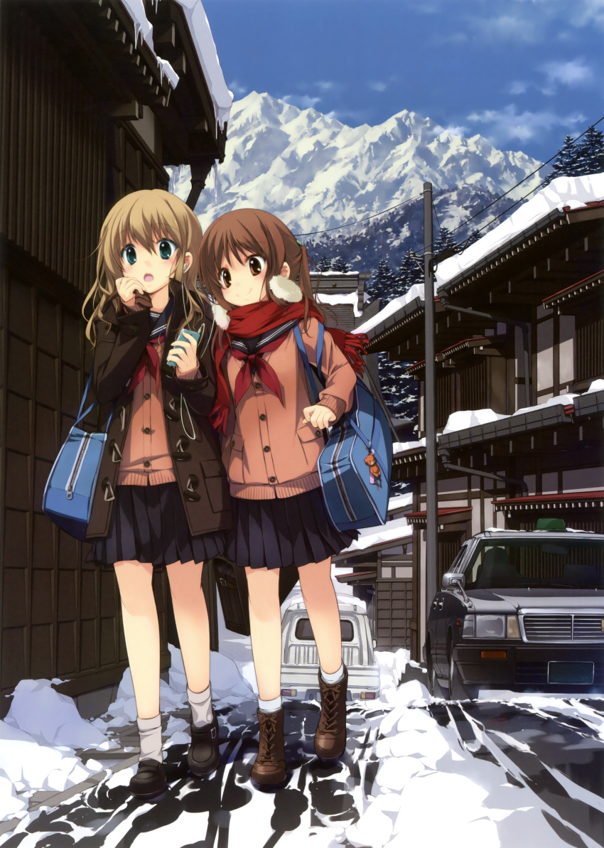 2girls absurdres black_skirt brown_eyes brown_hair cellphone earmuffs earphones gotou_nao green_eyes highres holding holding_phone iphone light_brown_hair long_hair mountain multiple_girls open_mouth original outdoors phone pleated_skirt red_scarf road scarf school_uniform serafuku skirt smartphone smile snow socks street white_legwear