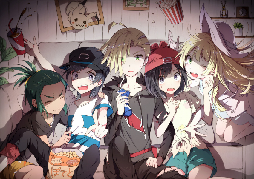 2girls 3boys ahoge beanie blush chips clock commentary_request couch dress drink ear_piercing eyes_visible_through_hair female_protagonist_(pokemon_sm) food gladio_(pokemon) green_eyes green_hair grey_eyes hair_over_one_eye hand_on_another's_shoulder hat hau_(pokemon) highres lillie_(pokemon) long_hair male_protagonist_(pokemon_sm) mimikyu_(pokemon) multiple_boys multiple_girls one_eye_closed open_mouth pants piercing pokemon pokemon_(game) pokemon_sm popcorn potato_chips shirt_grab short_hair short_shorts shorts sitting tears tobari_(brokenxxx) torn_clothes torn_pants