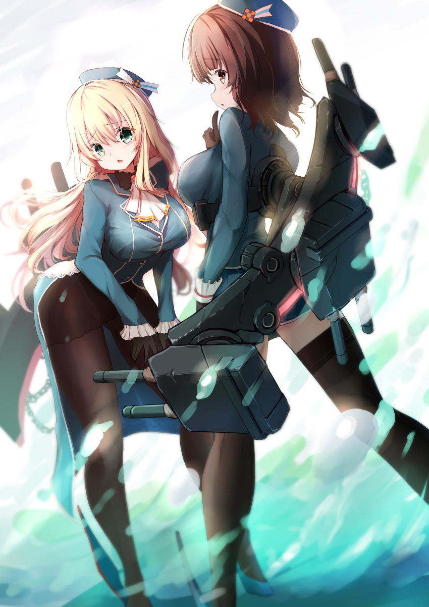 :o absurdres atago_(kantai_collection) bent_over blonde_hair blue_eyes blush breasts brown_hair cravat from_behind gloves green_eyes highres kantai_collection large_breasts long_hair looking_at_viewer pantyhose rigging short_hair takao_(kantai_collection) zheyi_parker