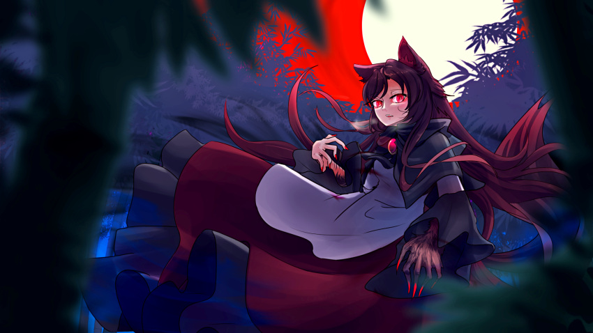 1girl animal_ears bamboo bamboo_forest brooch brown_hair dress fang fingernails forest full_moon fur fur_trim highres imaizumi_kagerou jewelry long_fingernails long_sleeves looking_at_viewer moon nail_polish nama_shirasu nature red_eyes red_nails solo touhou wide_sleeves wolf_ears