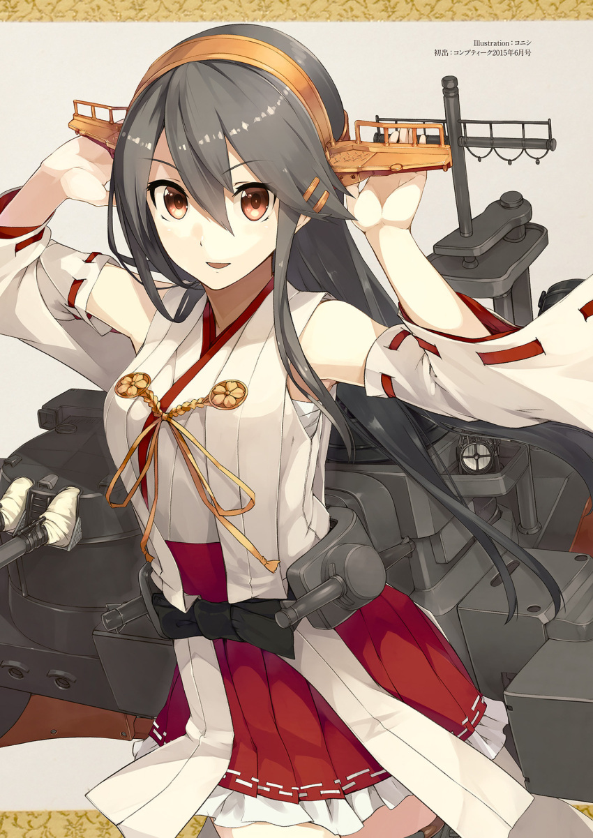 1girl 2015 artist_name bangs bare_shoulders breasts brown_background eyebrows_visible_through_hair frills grey_hair hair_between_eyes hair_ornament hairclip hands_up haruna_(kantai_collection) headgear highres kantai_collection konishi_(koconatu) long_hair looking_at_viewer machinery nontraditional_miko official_art open_mouth orange_eyes red_skirt remodel_(kantai_collection) sarashi scan searchlight simple_background skirt solo text thigh-highs turret zettai_ryouiki