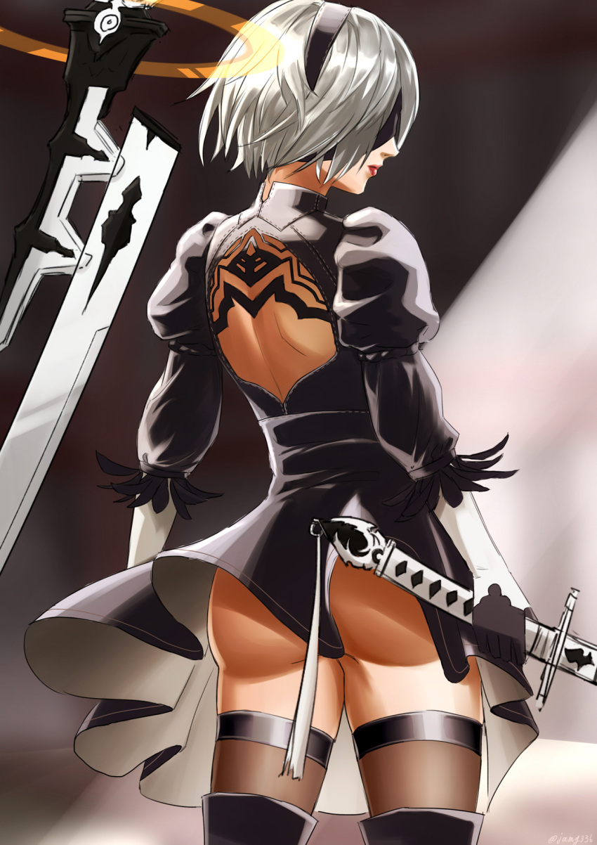 1girl ass back_opening black_dress black_gloves black_legwear blindfold boots dress from_behind gloves highres holding holding_sword holding_weapon jamg336 lipstick long_sleeves makeup nier_(series) nier_automata puffy_long_sleeves puffy_sleeves short_hair silver_hair solo sword thigh-highs thigh_boots weapon yorha_unit_no._2_type_b