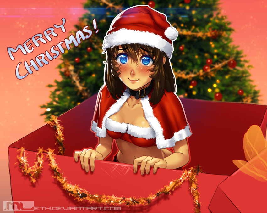 1girl bandeau blue_eyes blush box breasts brooke_(mleth) brown_hair capelet christmas christmas_tree collar freckles gift gift_box hat in_box in_container long_hair merry_christmas mleth original santa_hat small_breasts smile solo stomach