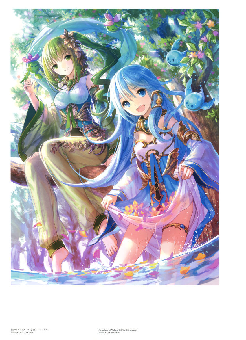 2girls absurdres barefoot bird blue_eyes blue_hair breasts cleavage detached_sleeves eyebrows_visible_through_hair floating_hair flower forest fuji_choko green_eyes green_hair hair_flower hair_ornament highres huge_filesize long_hair medium_breasts multiple_girls nature open_mouth original see-through side_ponytail sitting skirt_hold small_breasts smile soaking_feet thigh_strap tree very_long_hair wet wet_clothes yellow_flower