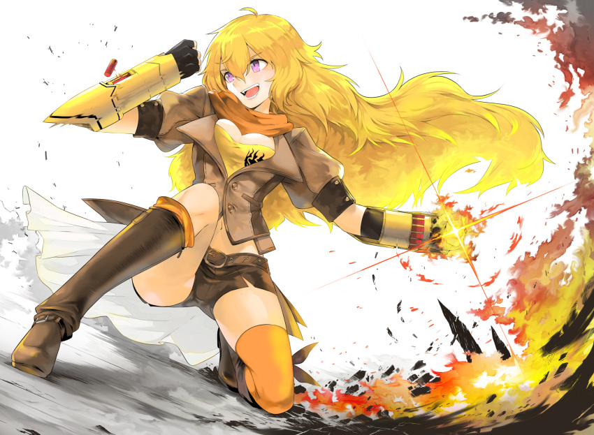 1girl :d arm_guards battle belt blonde_hair boots breasts bullet buttons cleavage coat ember_celica_(rwby) fangs fingerless_gloves fire gauntlets gloves highres large_breasts legs_apart long_hair midriff navel open_clothes open_coat open_mouth rwby scarf shirt short_shorts short_sleeves shorts smile smoke solo sparkle stomach teeth thigh-highs thighs tokiti vambraces very_long_hair violet_eyes white_background yang_xiao_long yellow_shirt