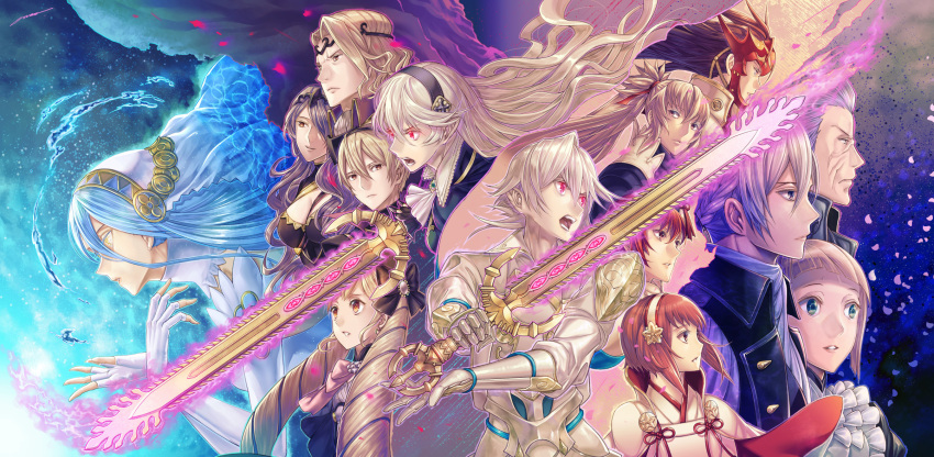 6+boys 6+girls alternate_costume amatari_sukuzakki aqua_(fire_emblem_if) armor blonde_hair bow brown_hair camilla_(fire_emblem_if) circlet drill_hair dual_persona elise_(fire_emblem_if) everyone felicia_(fire_emblem_if) female_my_unit_(fire_emblem_if) fire_emblem fire_emblem_if glowing glowing_sword glowing_weapon gunter_(fire_emblem_if) hair_bow headdress highres hinoka_(fire_emblem_if) joker_(fire_emblem_if) leon_(fire_emblem_if) male_my_unit_(fire_emblem_if) marx_(fire_emblem_if) multiple_boys multiple_girls my_unit_(fire_emblem_if) open_mouth petals pink_hair pointy_ears purple_hair red_eyes redhead ryouma_(fire_emblem_if) sakura_(fire_emblem_if) siblings silver_hair spiky_hair sword takumi_(fire_emblem_if) tiara twin_drills twintails weapon